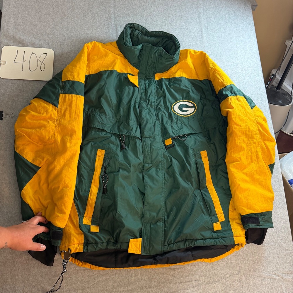 Vintage Logo 7 Green Bay Packers NFL Puffer Jacket Mens Large Green Gold